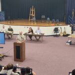 VAN BUREN, Maine -- July 8, 2022 -- Luke Dyer and Nancy Troeger (center) attending Van Buren's annual budget meeting on Jun. 15 before Dyer took over as town manager. (Emily Jerkins | St. John Valley Times)