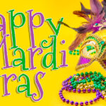 Happy Mardi Gras and Fat Tuesday carnival concept theme with close up on a face mask full of color, feathers and texture and golden, green and purple beads isolated on yellow background with text