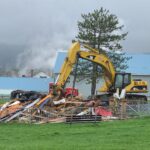 The gazebo at the Bicentennial Park in Madawaska which stood vandalized and broken for years was knocked down on May 16. (Emily Jerkins | St. John Valley Times)